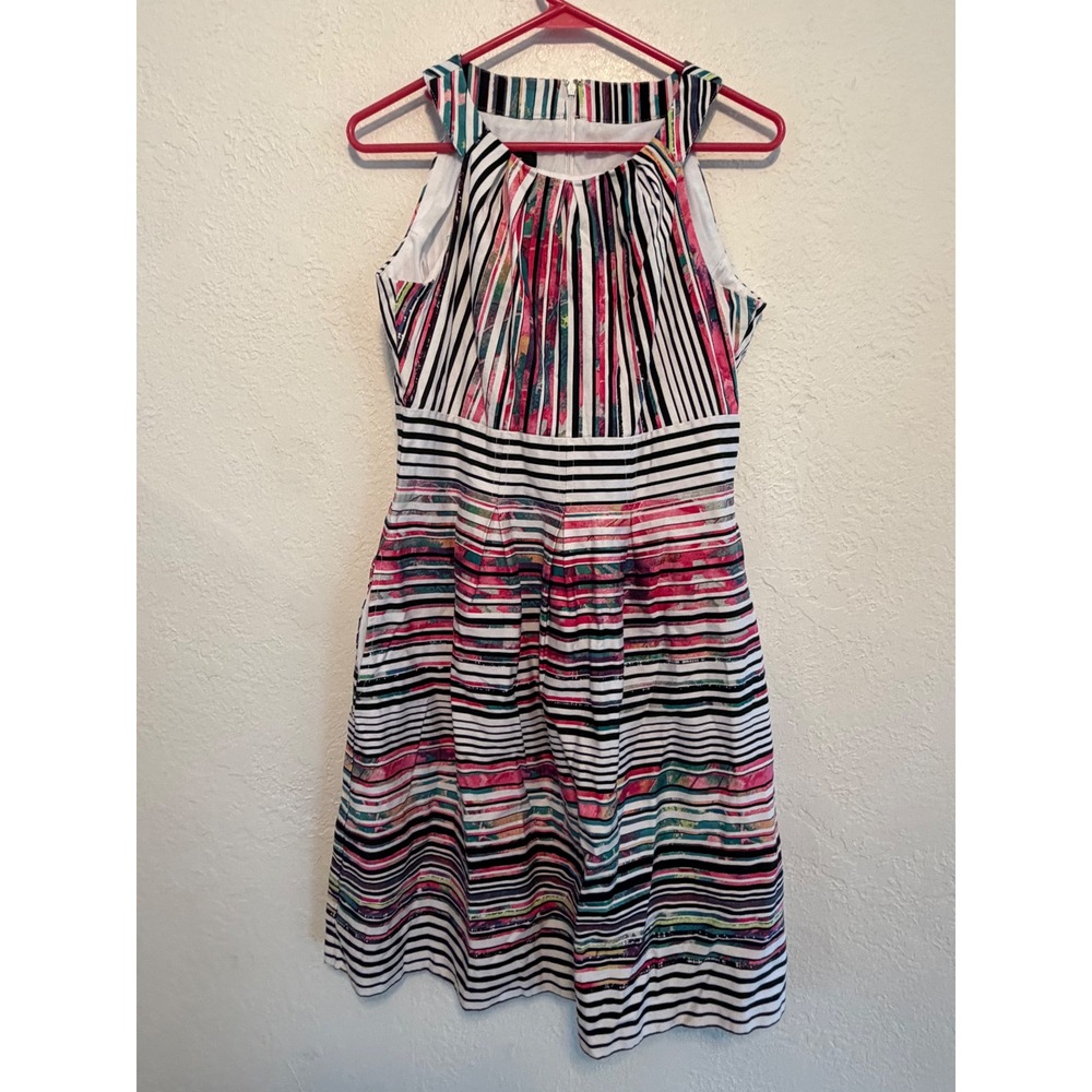 Nine West Striped Floral Sleeveless Fit and Flare Pocket Dress Multi-Color Sz 6